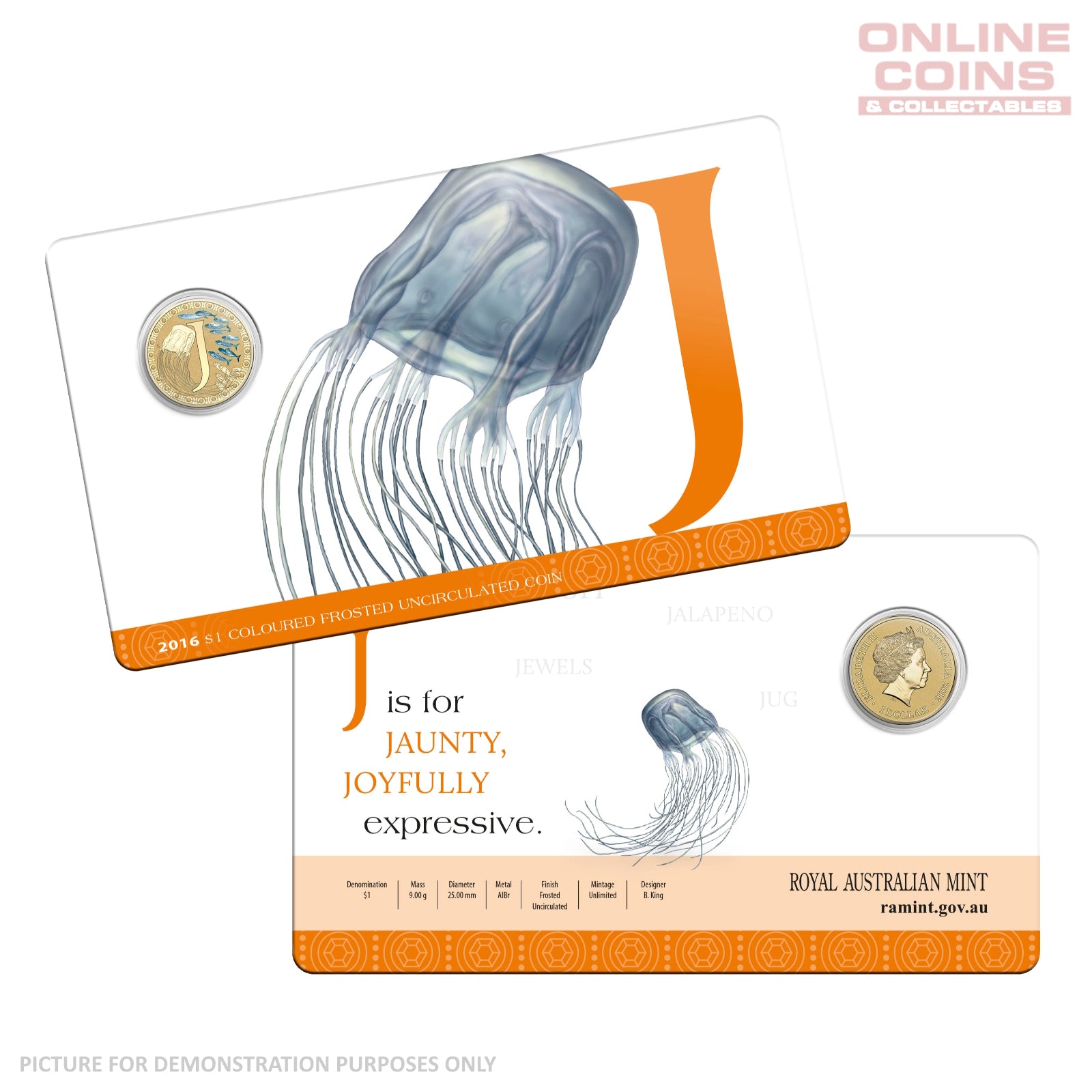 2016 $1 Coloured Alphabet Frosted Coin In Card - J for Jellyfish